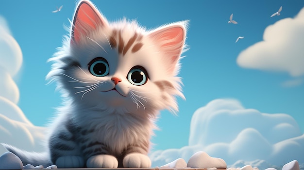 3D cartoon cat illustration on pastel blue background