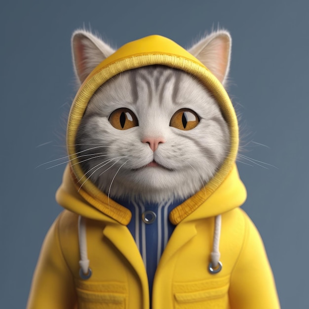 3D cartoon cat portrait wearing clothes glasses hat jacket standing in front