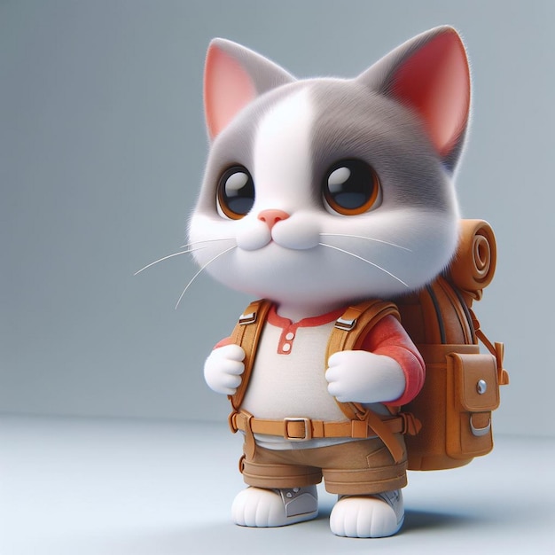 A 3D Cartoon cat with backpack on a gray background