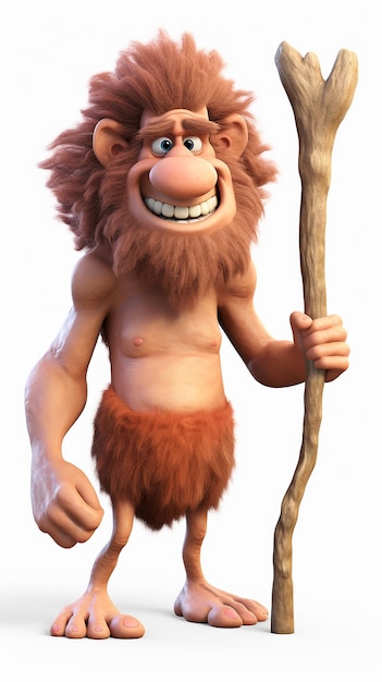 3D Cartoon caveman holding club on white background