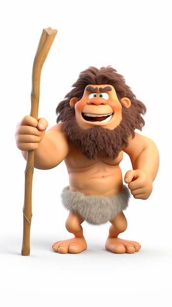 3D Cartoon caveman holding club on white background