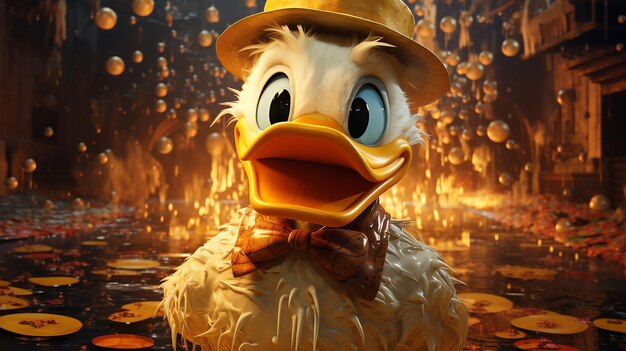 3d cartoon characte rubber duck floating in water with blurry light background