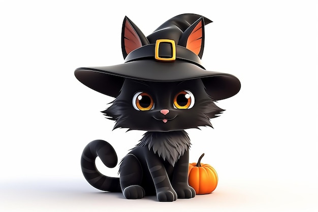 3d cartoon character black cute cat in witch hat and pumpkin on white background Halloween concept