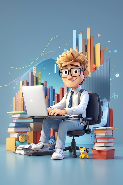 3d cartoon character and computer with open pages web analytics seo optimization dashboard and business finance report 3d rendering illustration