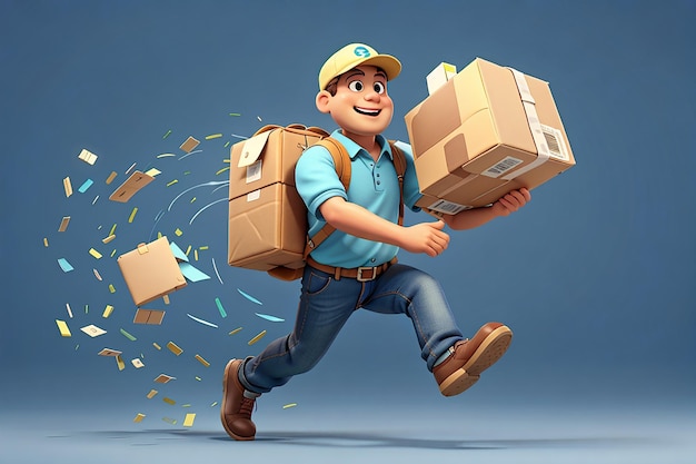 3d cartoon character courier man hold cardboard box and calls up