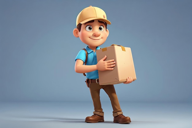 3D мультипликационный персонаж курьер держит картонную коробку
