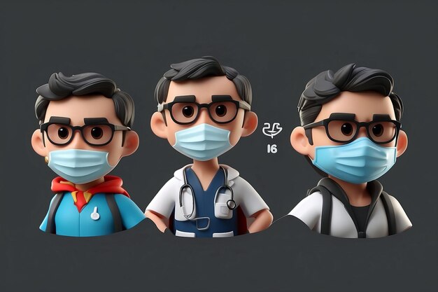 3D cartoon character cute Doctor man wearing face mask