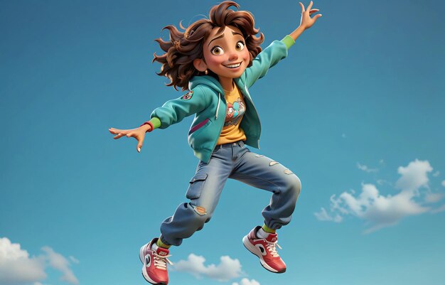 Photo 3d cartoon character a girl jumping in the air
