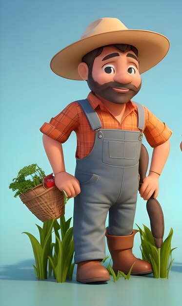 3D cartoon character of a hardworking farmer