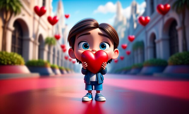 Foto personaggio di cartone animato 3d e cuore cuore sfondo cuore 3d