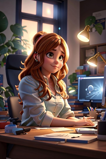 Photo 3d cartoon character illustration of businesswoman working using laptop