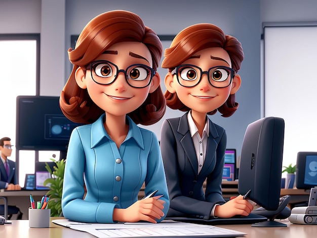 Photo 3d cartoon character illustration of businesswoman working using laptop