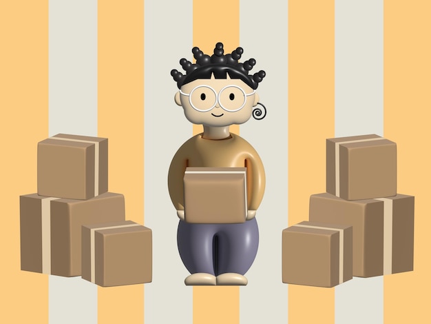 Photo 3d cartoon character illustration delivery man on color background