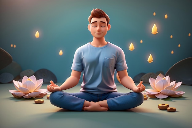 3D иллюстрация персонажа из мультфильма медитирующего человека, сидящего на полу в позе лотоса йоги
