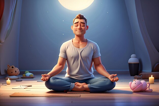 3d cartoon character illustration of meditating man sitting on the floor in yoga lotus position