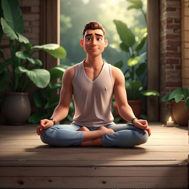 3d cartoon character illustration of meditating man sitting on the floor in yoga lotus position