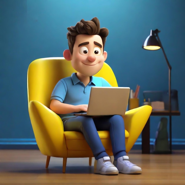 Photo 3d cartoon character of a man sitting on a sofa