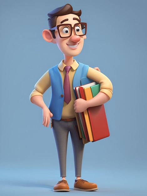 Фото 3d-карикатурный персонаж мужского учителя, держащего файлы и папки, изолированные на голубом фоне