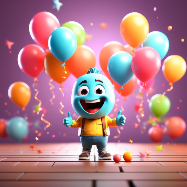 3D cartoon character in a party with colorful balloons 3D cartoon character in a party with col