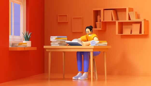 3D персонаж мультфильма, читающий обучающую сцену