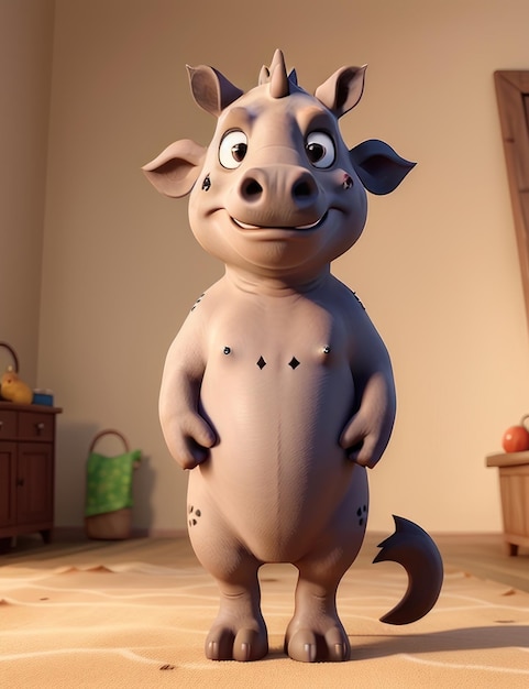 3D-карикатурный персонаж носорог, стоящий на двух ногах