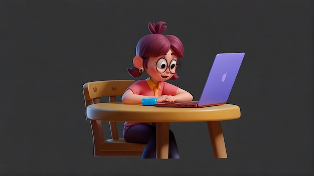 3D Cartoon character sits at the table with a laptop