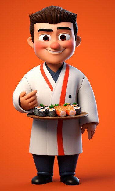 3d cartoon character of a sushi chef