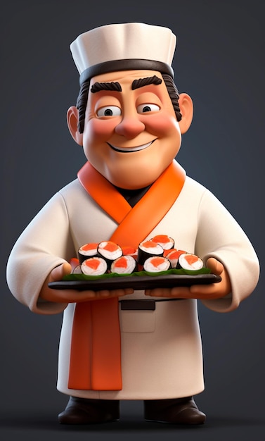 3D cartoon character of a sushi chef