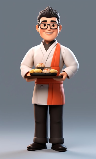 寿司職人の 3 D 漫画のキャラクター