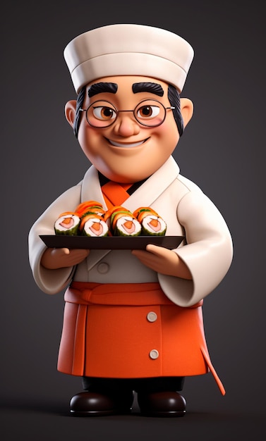 3D cartoon character of a sushi chef