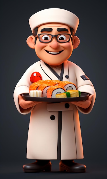 3D cartoon character of a sushi chef