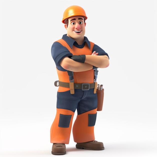 Photo 3d cartoon character of a worker wearing an orange vest and orange helmet laughing cheerfully