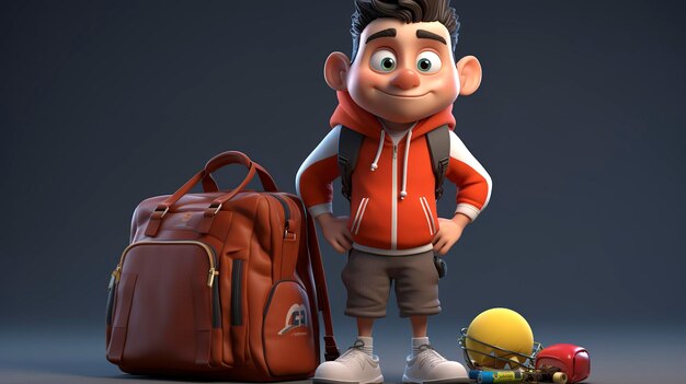 3D cartoon character of a young boy with a backpack and sports equipment