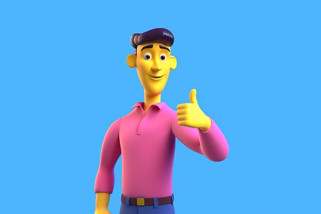 3d Cartoon character young man with blue skin wears pink shirt isolated on yellow background Shows