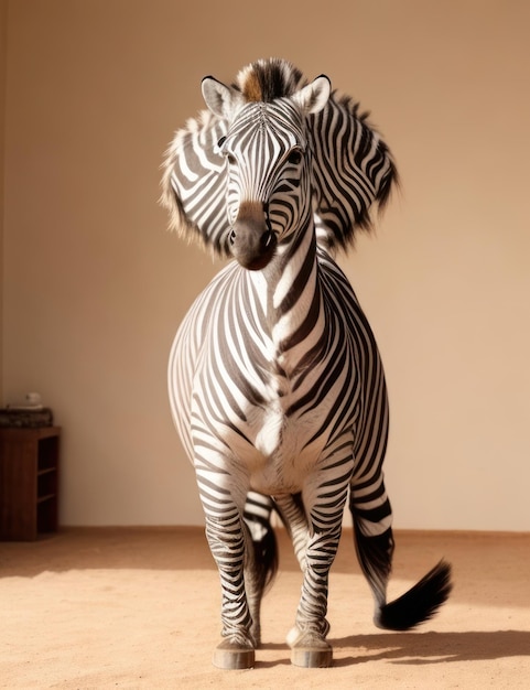 3d cartoon character zebra standing inside room