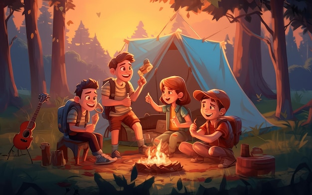 3D 만화 캐릭터 여름에 캠프 불 모험 행복하고 즐거운