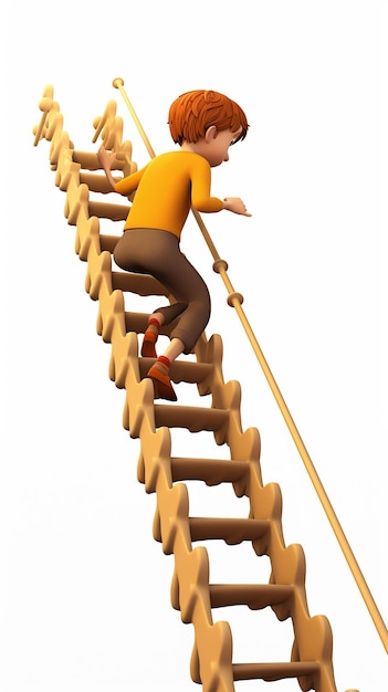 Photo 3d cartoon child climbing stairs on white background