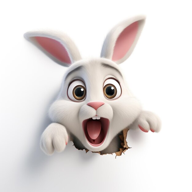 A 3D cartoon closeup portrait of bunny with surprise expression
