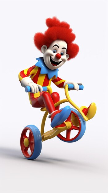 Photo 3d cartoon clown riding one wheel bike on a white background