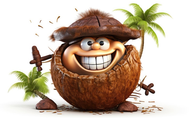 Photo 3d cartoon coconut smile on white background