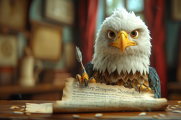 Foto 3d cartoon comedy declaration of independence scroll speelt met patriotic eagle
