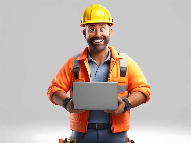 3D cartoon a Construction Worker with Laptop white background