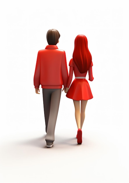 3D cartoon couple walking away isolated on a white background