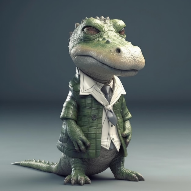 Photo 3d cartoon crocodile alligator portrait wearing clothes glasses hat jacket standing in front