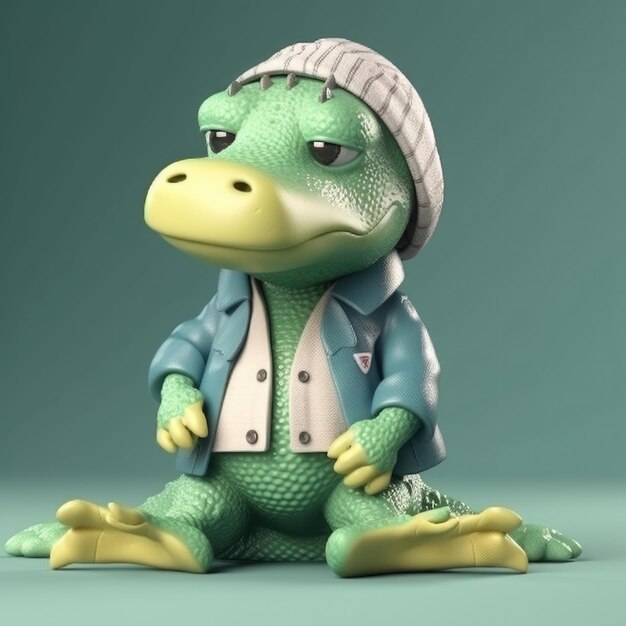 3D cartoon crocodile alligator portrait wearing clothes glasses hat jacket standing in front