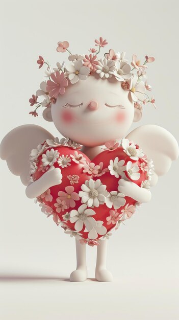 Cupido cartoon 3d tenere fiore cuore isolato su sfondo semplice