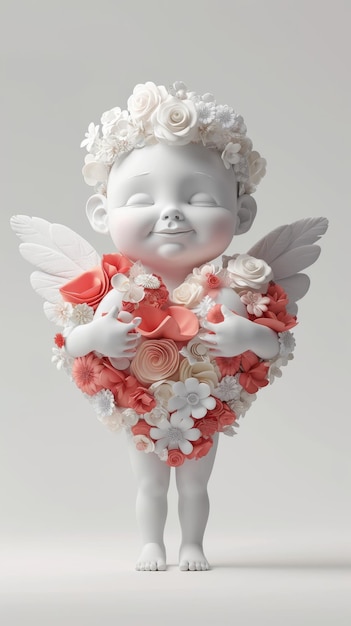 3D мультяшный купидон держит цветок сердца изолирован на простом фоне