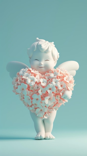 3D мультяшный купидон держит цветок сердца изолирован на простом фоне