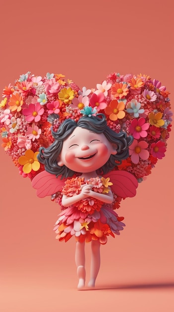 3d cartoon cupid hold heart flower isolated on plain background