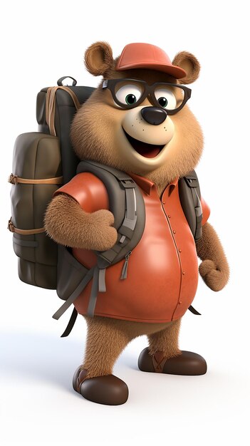 Photo 3d cartoon cute bear with backpack on white background